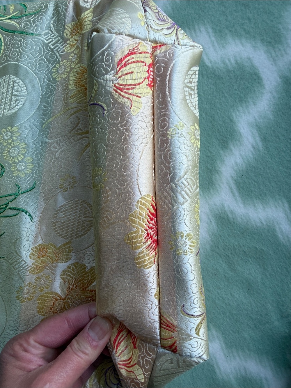 Satin Floral Bamboo-Handle Tote Bag in Ivory and Pastel Asian Auspicious Symbols - Picture 9 of 9